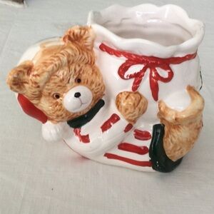Teddy Bear Christmas Ceramic Planter-color red white & green